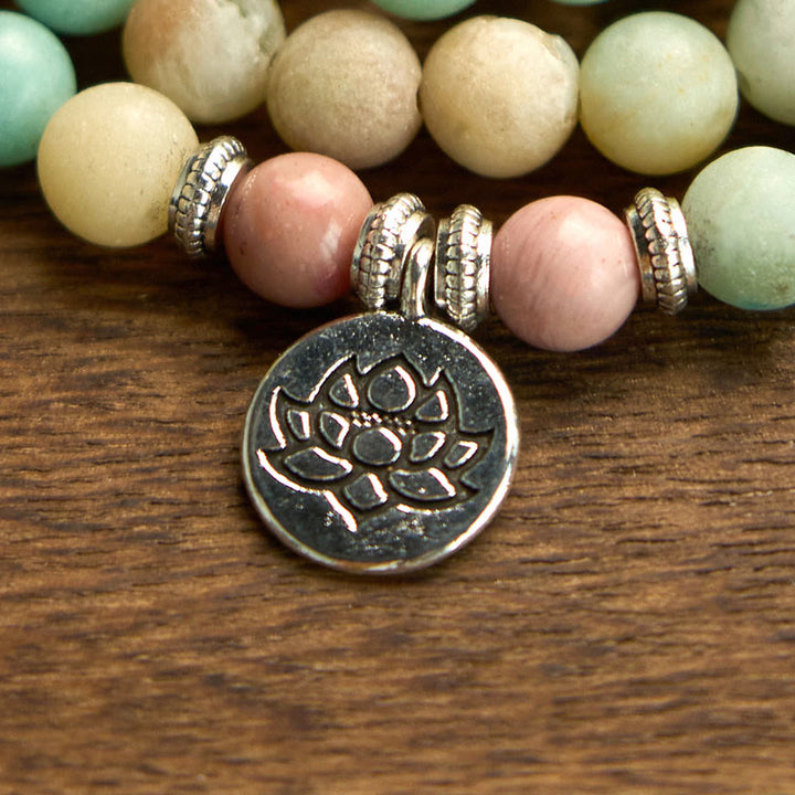 Pulsera de compasión de loto con cuentas de amazonita y rodonita de 108 Buddha Stones