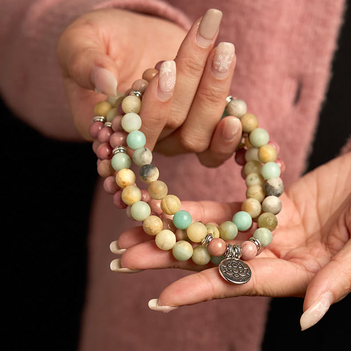 Pulsera de compasión de loto con cuentas de amazonita y rodonita de 108 Buddha Stones