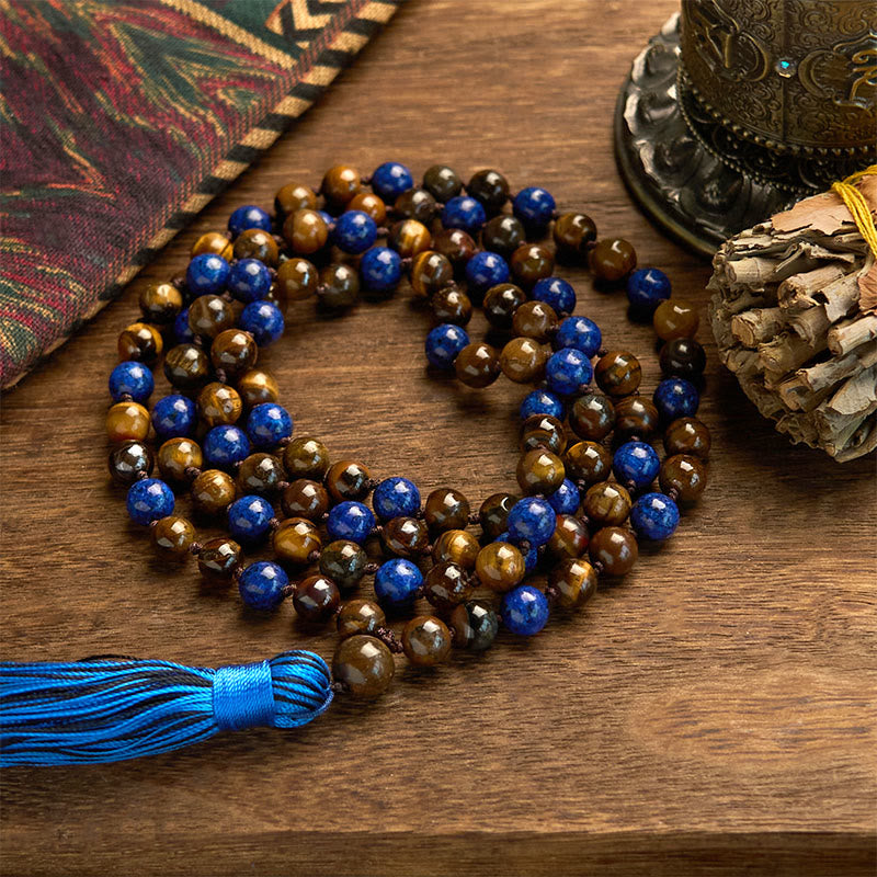 Pulsera de protección con borlas de mala de lapislázuli, lazurita, ojo de tigre y 108 cuentas de Buddha Stones - Cuenta de lazurita de ojo de tigre de 8 mm - image 0