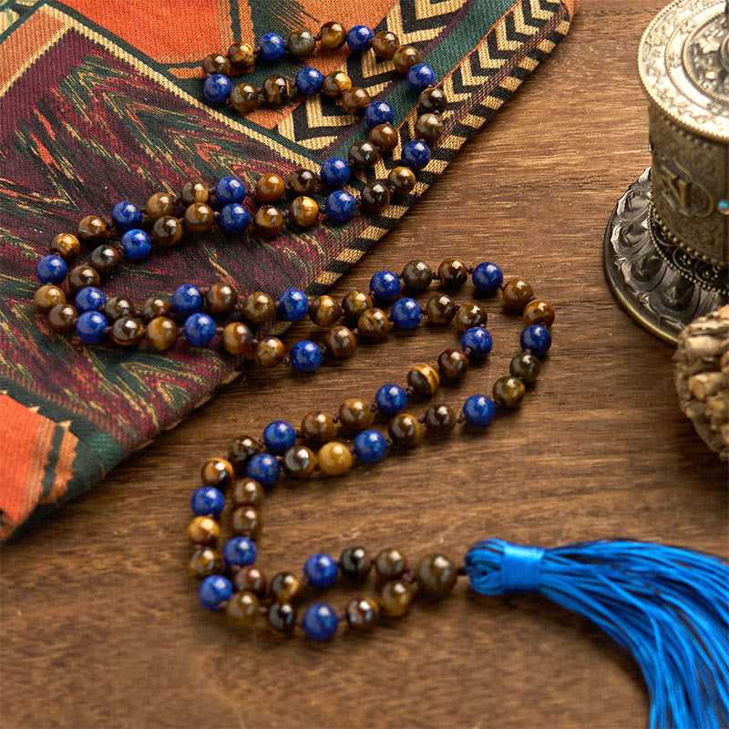 Pulsera de protección con borlas de mala y lazurita y ojo de tigre con 108 cuentas de piedra natural de Buddha Stones