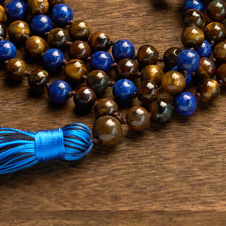 Pulsera de protección con borlas de mala y lazurita y ojo de tigre con 108 cuentas de piedra natural de Buddha Stones