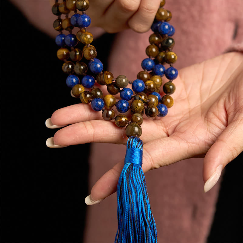 Pulsera de protección con borlas de mala y lazurita y ojo de tigre con 108 cuentas de piedra natural de Buddha Stones