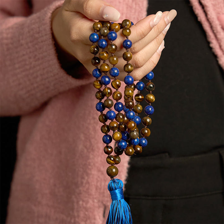 Pulsera de protección con borlas de mala y lazurita y ojo de tigre con 108 cuentas de piedra natural de Buddha Stones