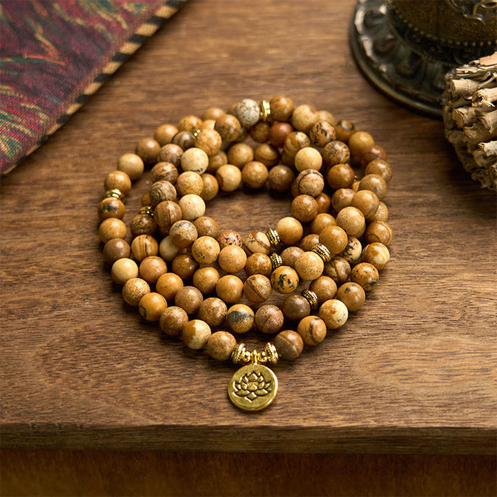 Buddha Stones con 108 cuentas y jaspe con imagen y loto