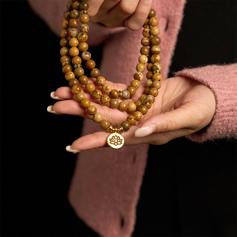 Buddha Stones con 108 cuentas y jaspe con imagen y loto