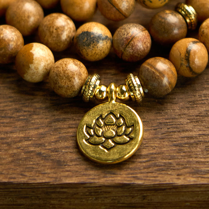 Buddha Stones con 108 cuentas y jaspe con imagen y loto