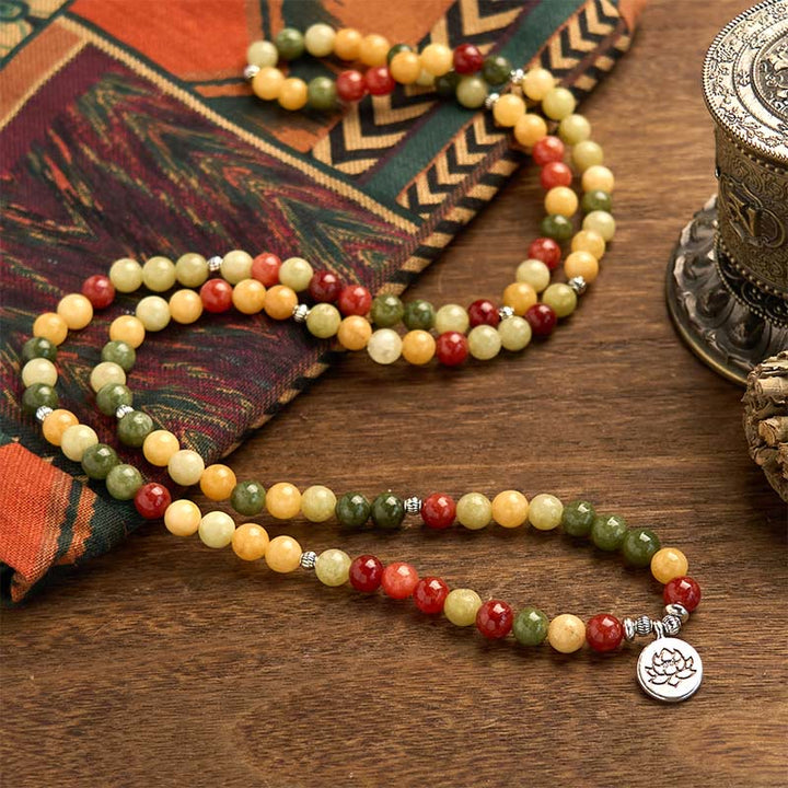Pulsera de protección de loto con 108 cuentas de mala de piedra de color natural, topacio, jaspe rojo y jaspe verde, Buddha Stones
