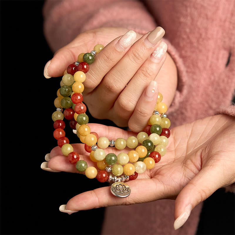 Pulsera de protección de loto con 108 cuentas de mala de piedra de color natural, topacio, jaspe rojo y jaspe verde, Buddha Stones