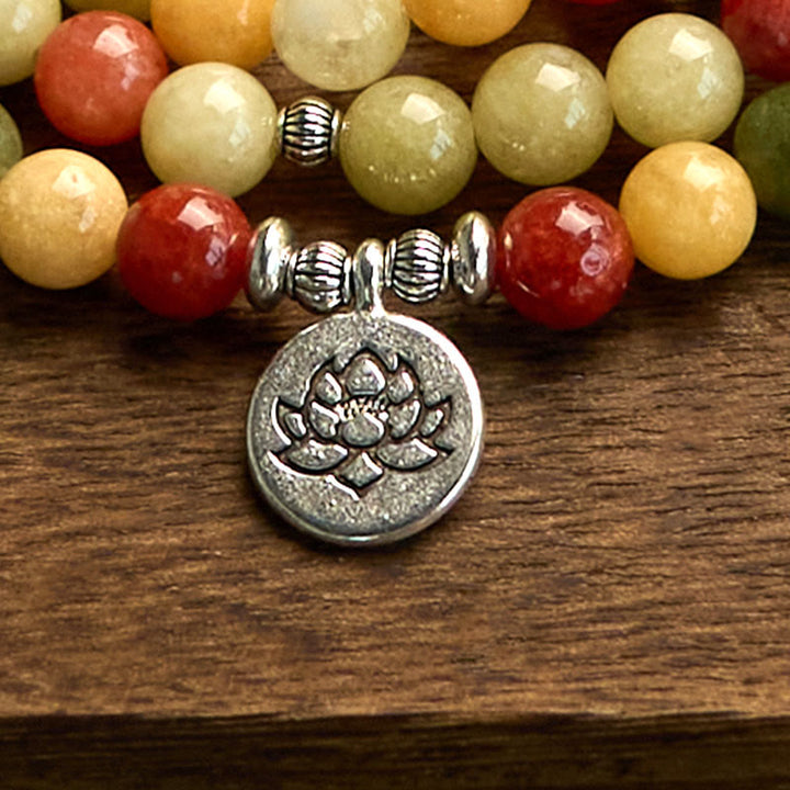 Pulsera de protección de loto con 108 cuentas de mala de piedra de color natural, topacio, jaspe rojo y jaspe verde, Buddha Stones