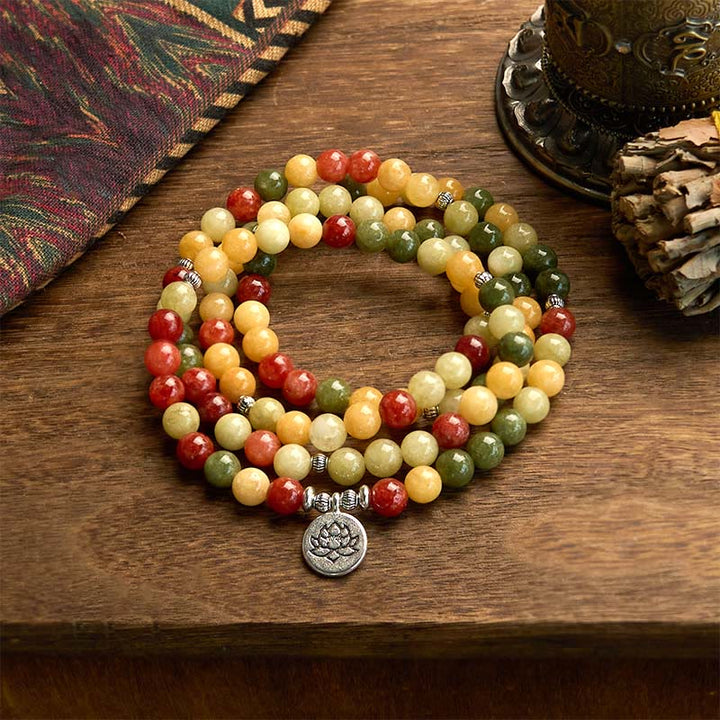 Pulsera de protección de loto con 108 cuentas de mala de piedra de color natural, topacio, jaspe rojo y jaspe verde, Buddha Stones