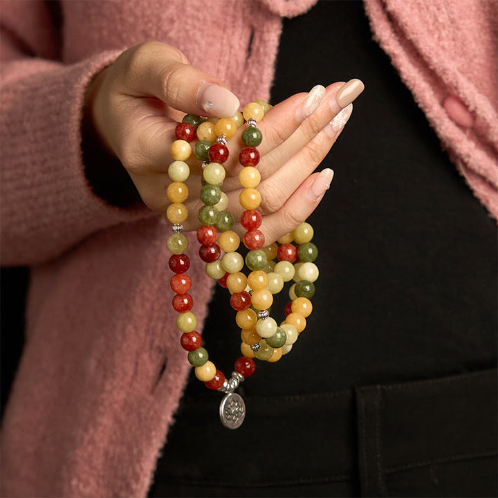 Pulsera de protección de loto con 108 cuentas de mala de piedra de color natural, topacio, jaspe rojo y jaspe verde, Buddha Stones