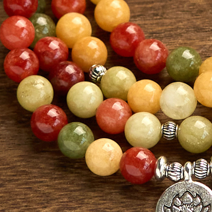 Pulsera de protección de loto con 108 cuentas de mala de piedra de color natural, topacio, jaspe rojo y jaspe verde, Buddha Stones