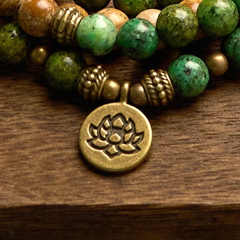 Pulsera positiva con 108 cuentas de piedra natural, Buddha Stones , jaspe, turquesa y loto