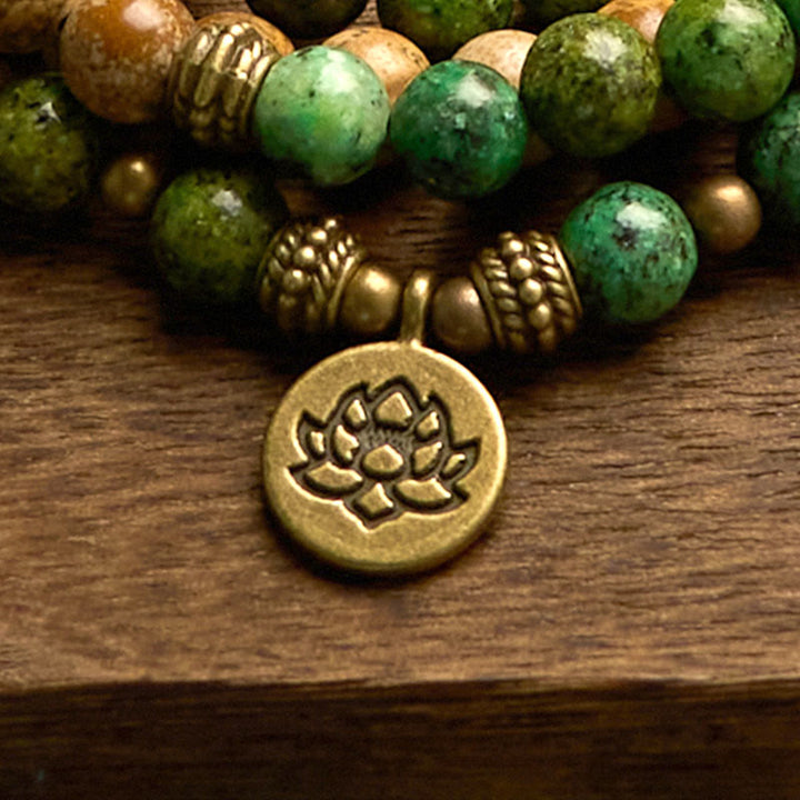 Pulsera positiva con 108 cuentas de piedra natural, Buddha Stones , jaspe, turquesa y loto