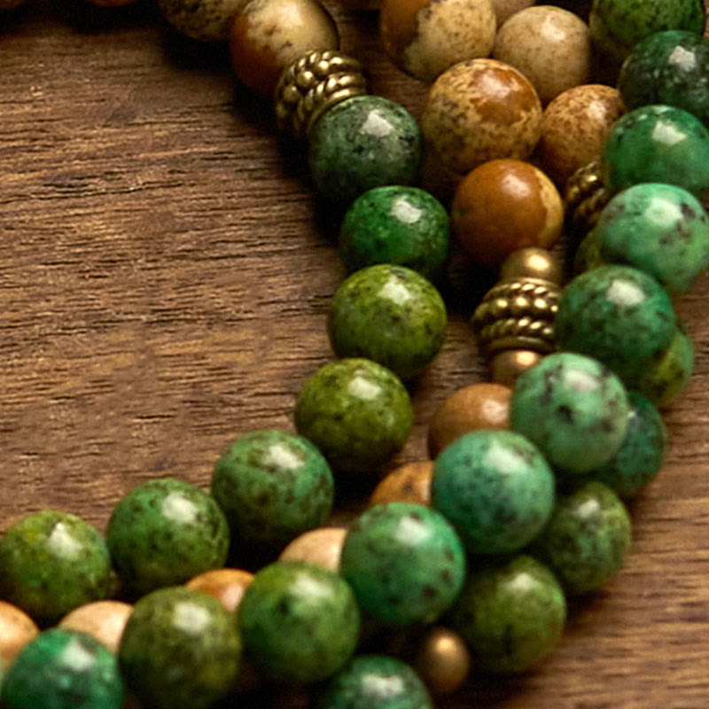 Pulsera positiva con 108 cuentas de piedra natural, Buddha Stones , jaspe, turquesa y loto