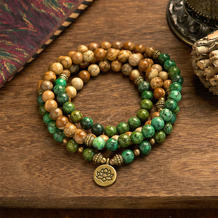 Pulsera positiva con 108 cuentas de piedra natural, Buddha Stones , jaspe, turquesa y loto