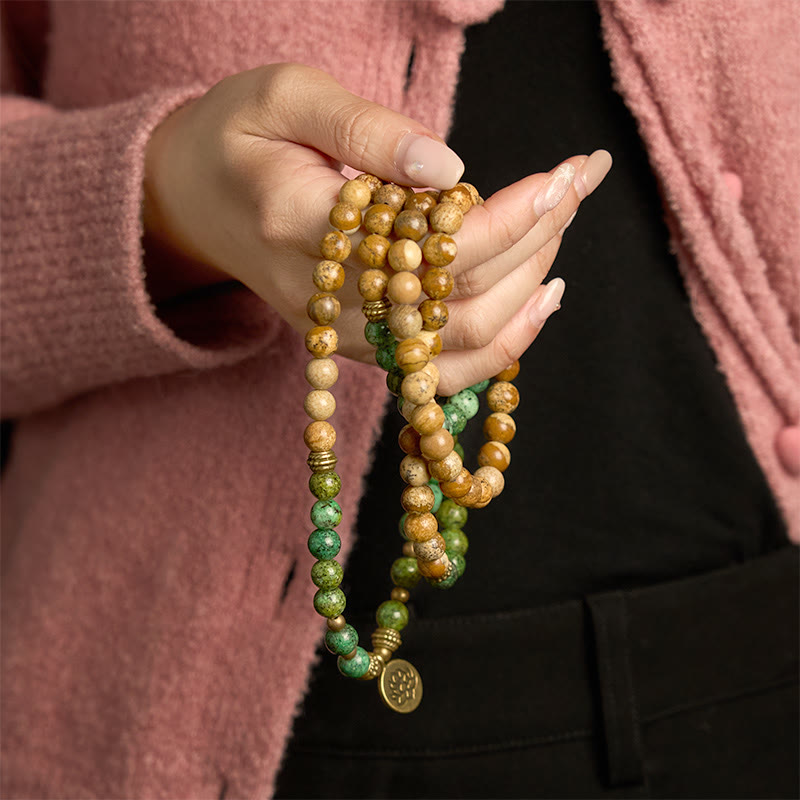Pulsera positiva con 108 cuentas de piedra natural, Buddha Stones , jaspe, turquesa y loto