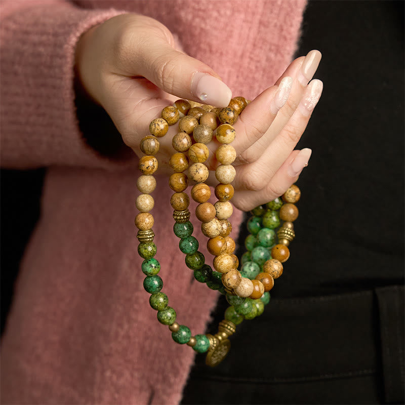 Pulsera positiva con 108 cuentas de piedra natural, Buddha Stones , jaspe, turquesa y loto
