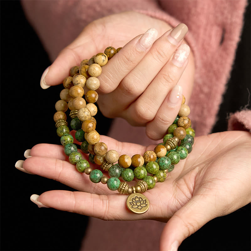 Pulsera positiva con 108 cuentas de piedra natural, Buddha Stones , jaspe, turquesa y loto