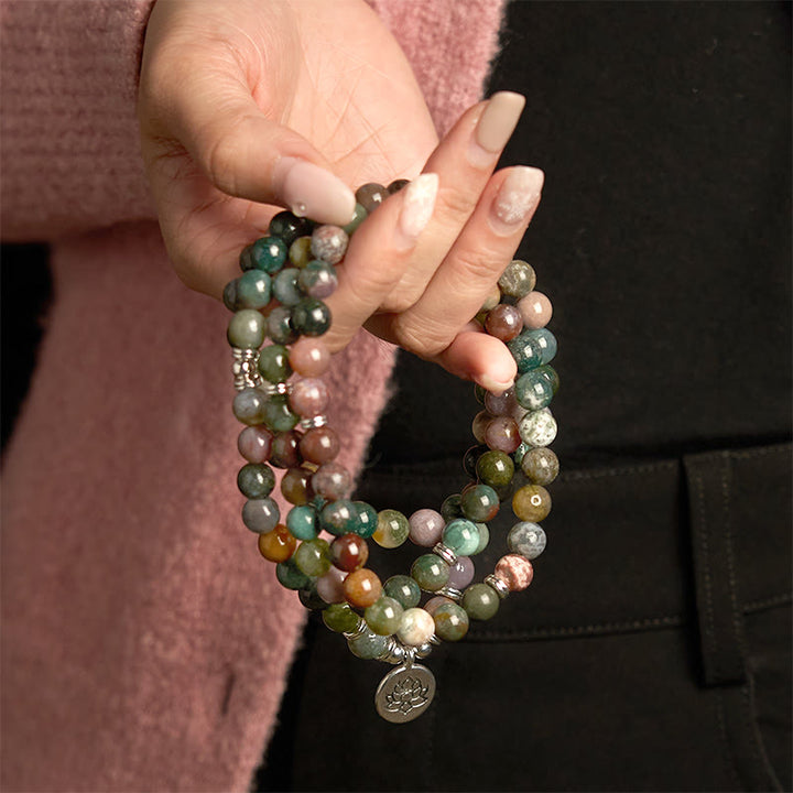 Buddha Stones de piedra natural con 108 cuentas de mala y ágata india con diseño de loto y calma