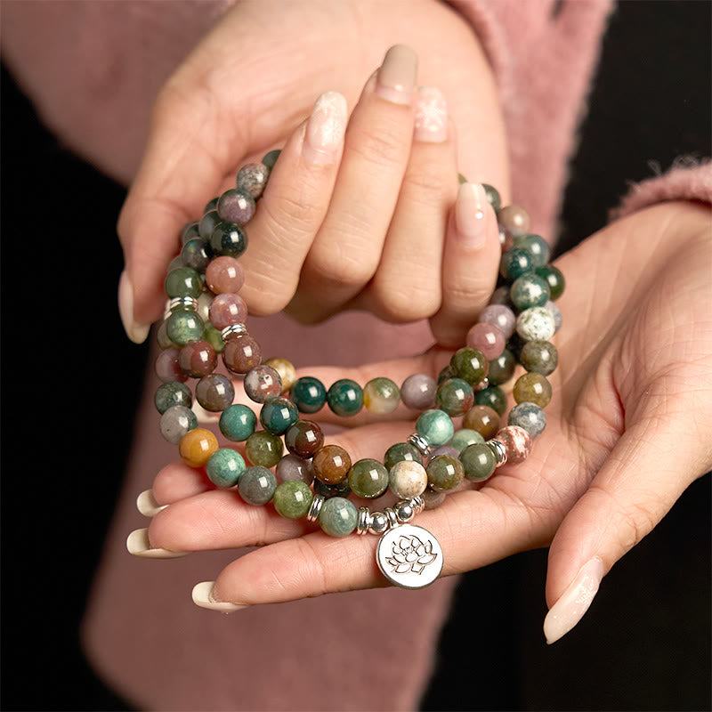 Buddha Stones de piedra natural con 108 cuentas de mala y ágata india con diseño de loto y calma
