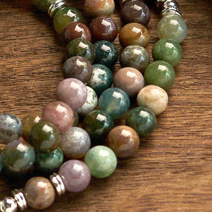 Buddha Stones de piedra natural con 108 cuentas de mala y ágata india con diseño de loto y calma