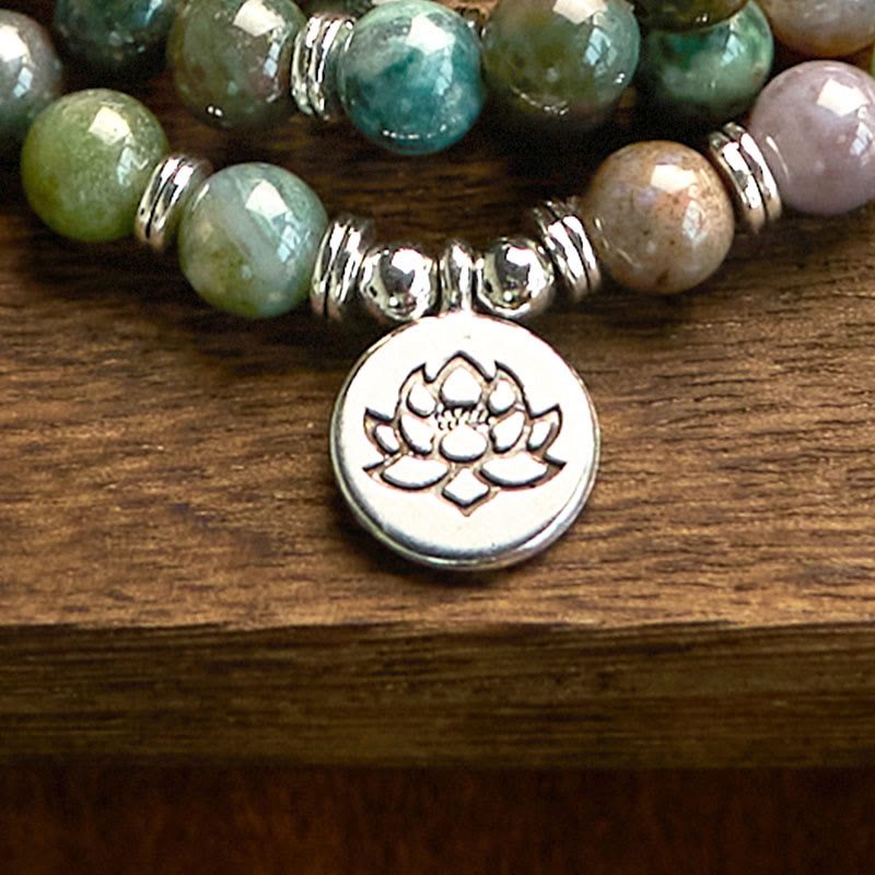 Buddha Stones de piedra natural con 108 cuentas de mala y ágata india con diseño de loto y calma