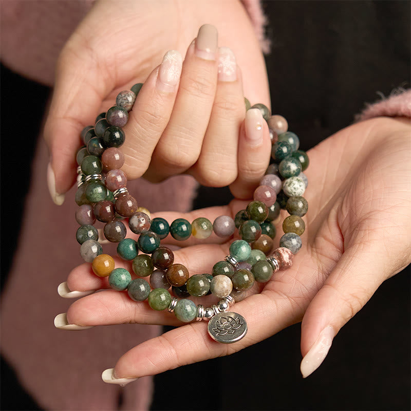 Buddha Stones de piedra natural con 108 cuentas de mala y ágata india con diseño de loto y calma