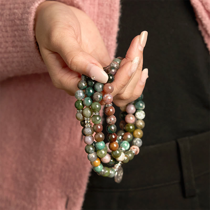 Buddha Stones de piedra natural con 108 cuentas de mala y ágata india con diseño de loto y calma