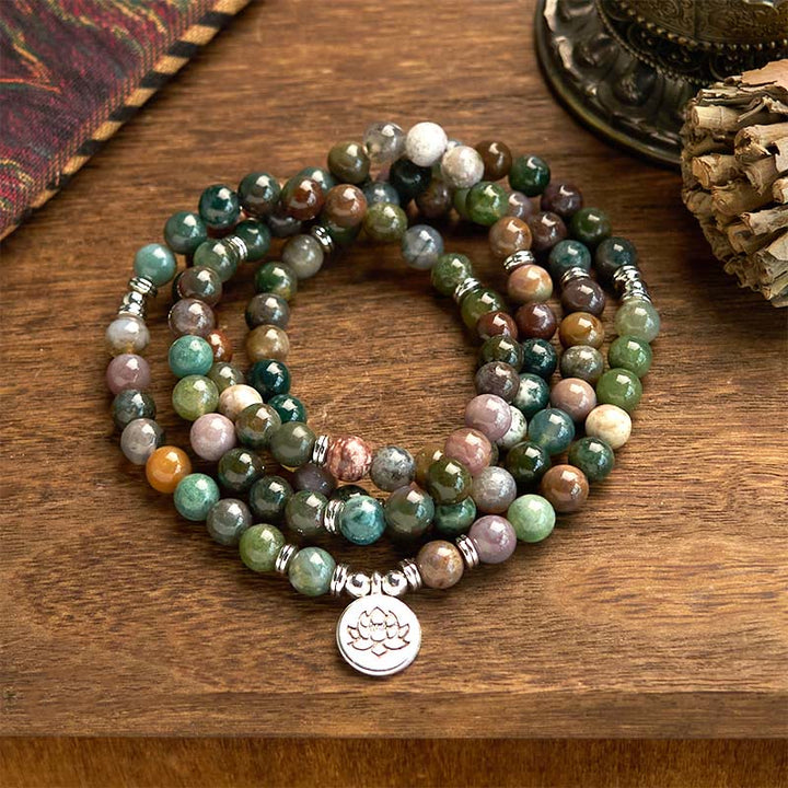 Buddha Stones de piedra natural con 108 cuentas de mala y ágata india con diseño de loto y calma