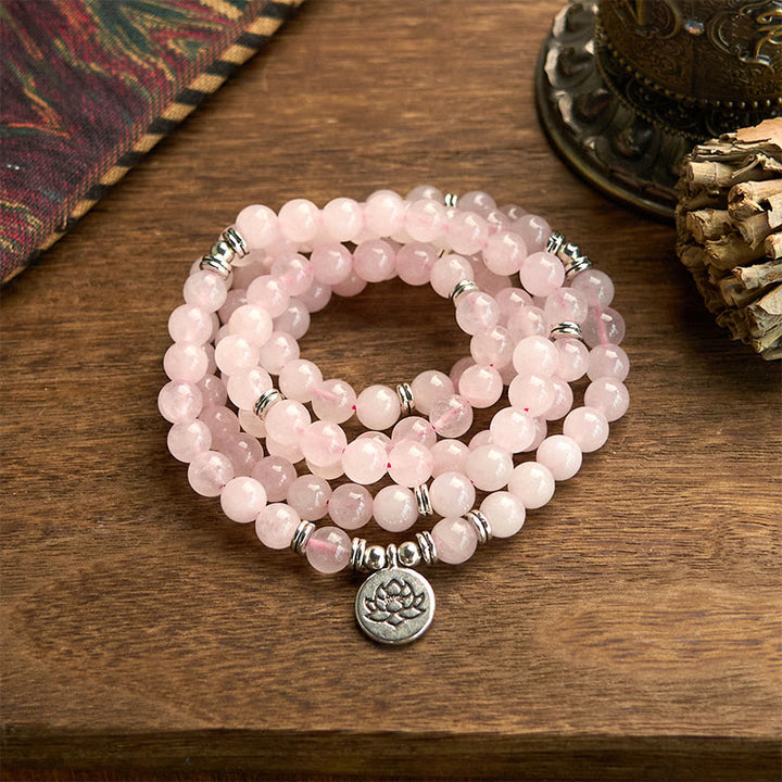 Pulsera de la paz con 108 cuentas de piedra natural de Buddha Stones , cuarzo rosa y loto