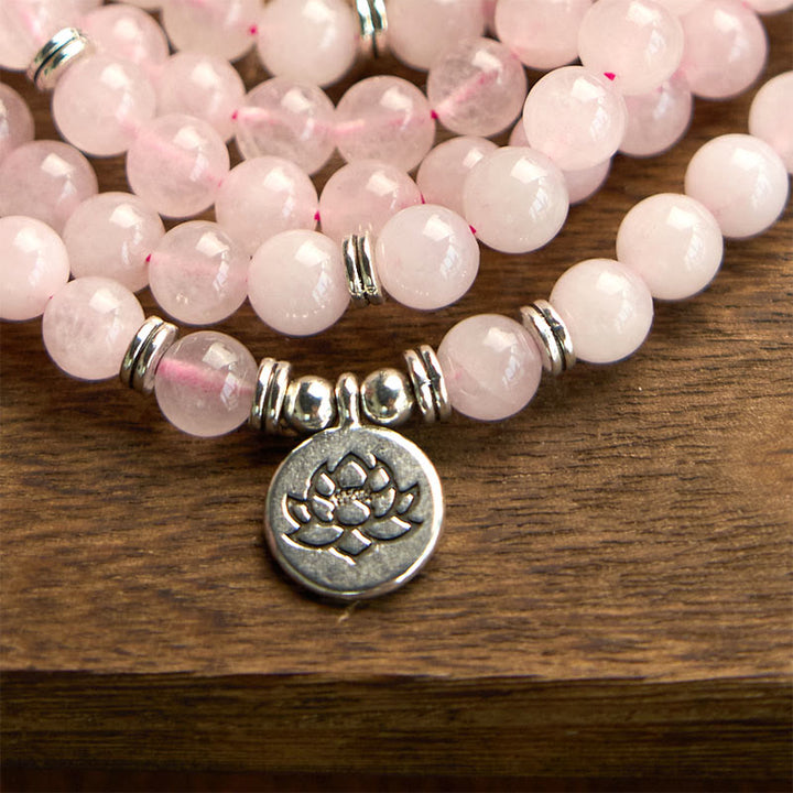 Pulsera de la paz con 108 cuentas de piedra natural de Buddha Stones , cuarzo rosa y loto