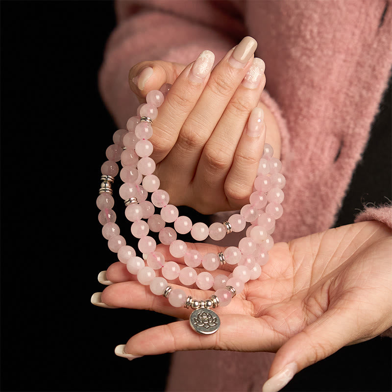Pulsera de la paz con 108 cuentas de piedra natural de Buddha Stones , cuarzo rosa y loto