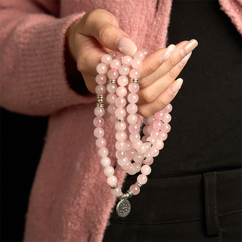 Pulsera de la paz con 108 cuentas de piedra natural de Buddha Stones , cuarzo rosa y loto