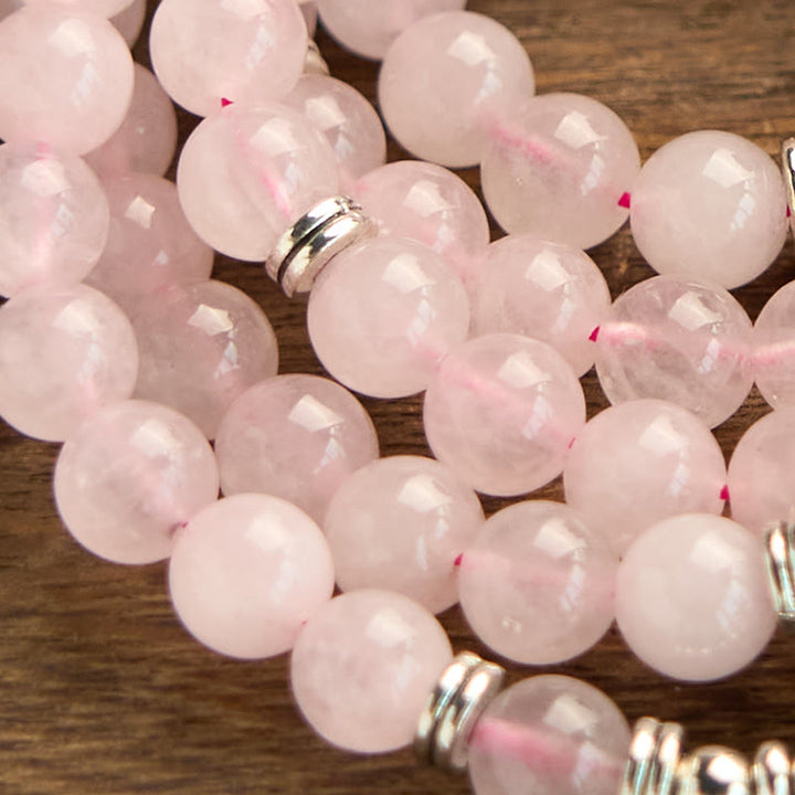 Pulsera de la paz con 108 cuentas de piedra natural de Buddha Stones , cuarzo rosa y loto