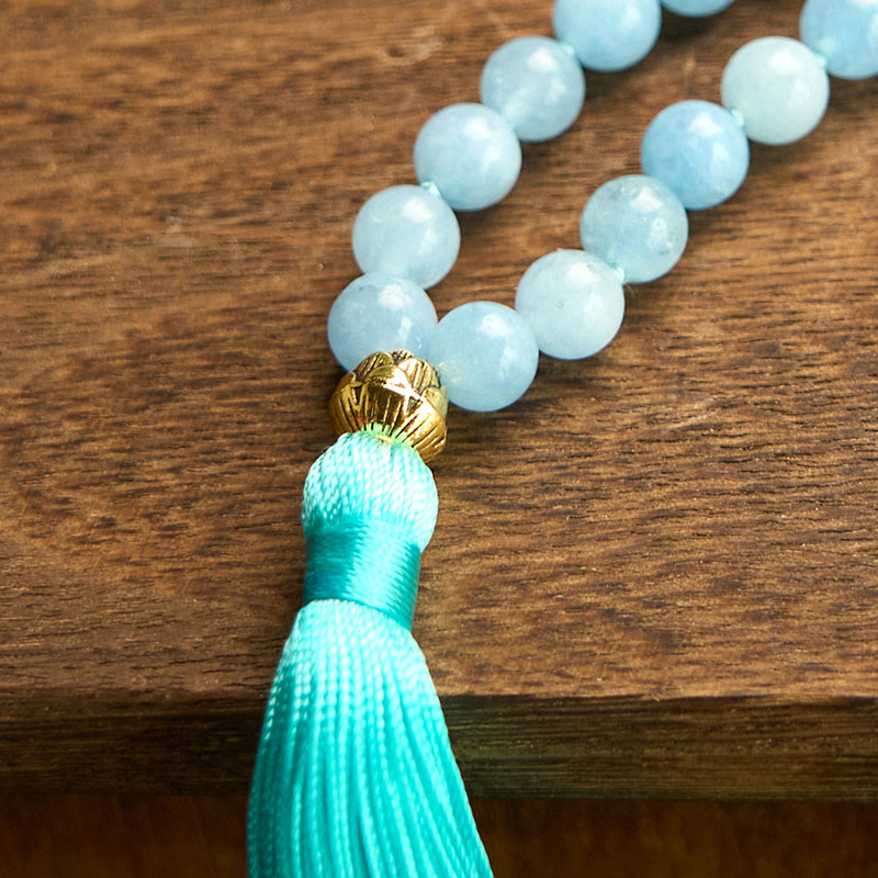 Pulsera de curación de loto con borlas de aguamarina y piedra natural de 108 cuentas de mala de Buddha Stones