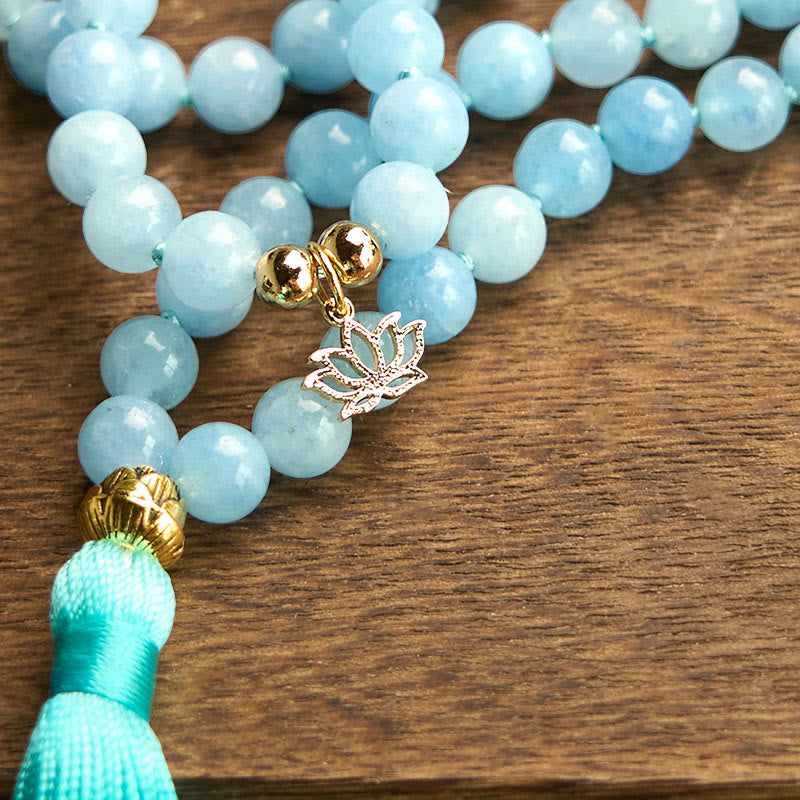 Pulsera de curación de loto con borlas de aguamarina y piedra natural de 108 cuentas de mala de Buddha Stones