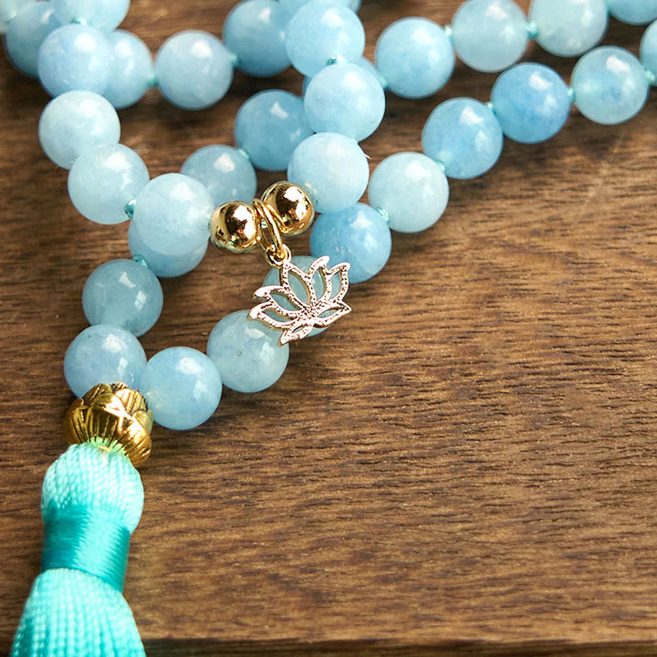 Pulsera de curación de loto con borlas de aguamarina y piedra natural de 108 cuentas de mala de Buddha Stones