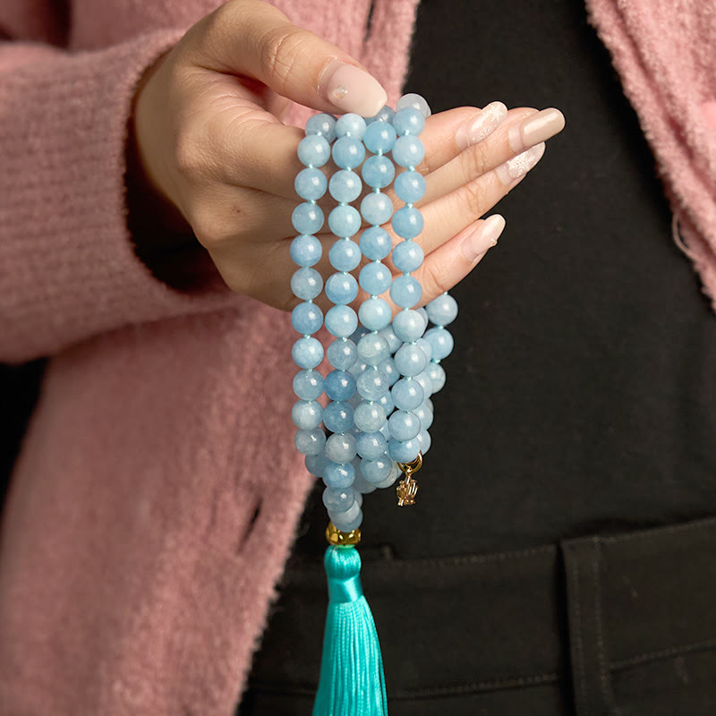 Pulsera de curación de loto con borlas de aguamarina y piedra natural de 108 cuentas de mala de Buddha Stones