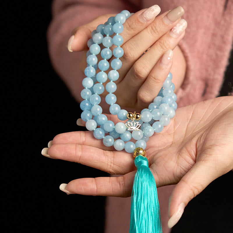 Pulsera de curación de loto con borlas de aguamarina y piedra natural de 108 cuentas de mala de Buddha Stones