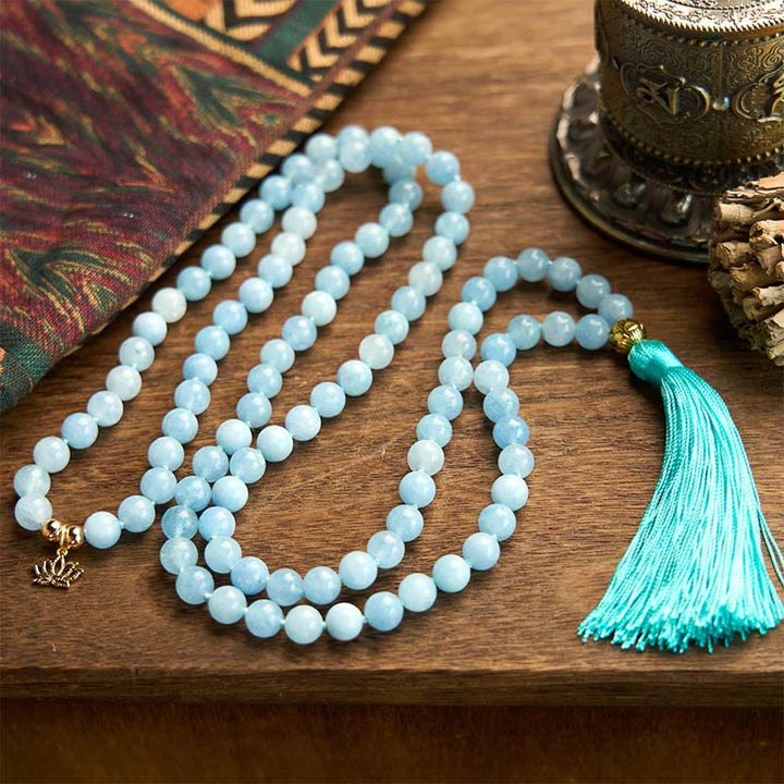 Pulsera de curación de loto con borlas de aguamarina y piedra natural de 108 cuentas de mala de Buddha Stones