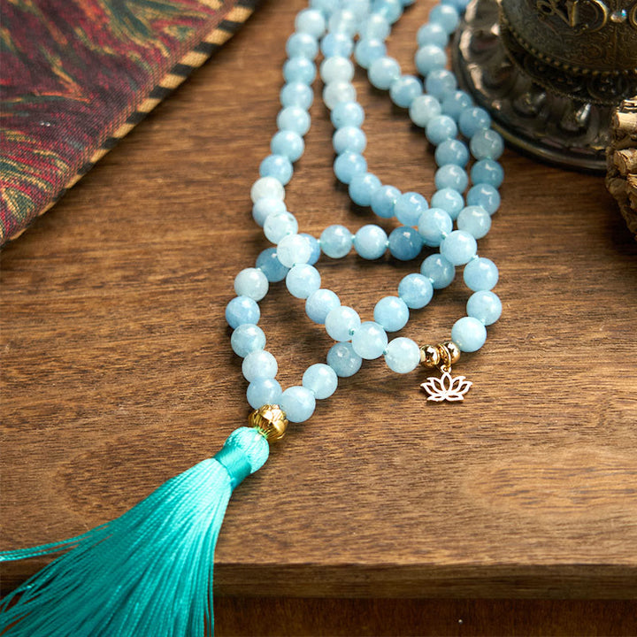 Pulsera de curación de loto con borlas de aguamarina y piedra natural de 108 cuentas de mala de Buddha Stones