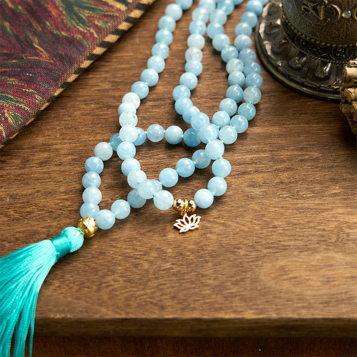 Pulsera de curación de loto con borlas de aguamarina y piedra natural de 108 cuentas de mala de Buddha Stones