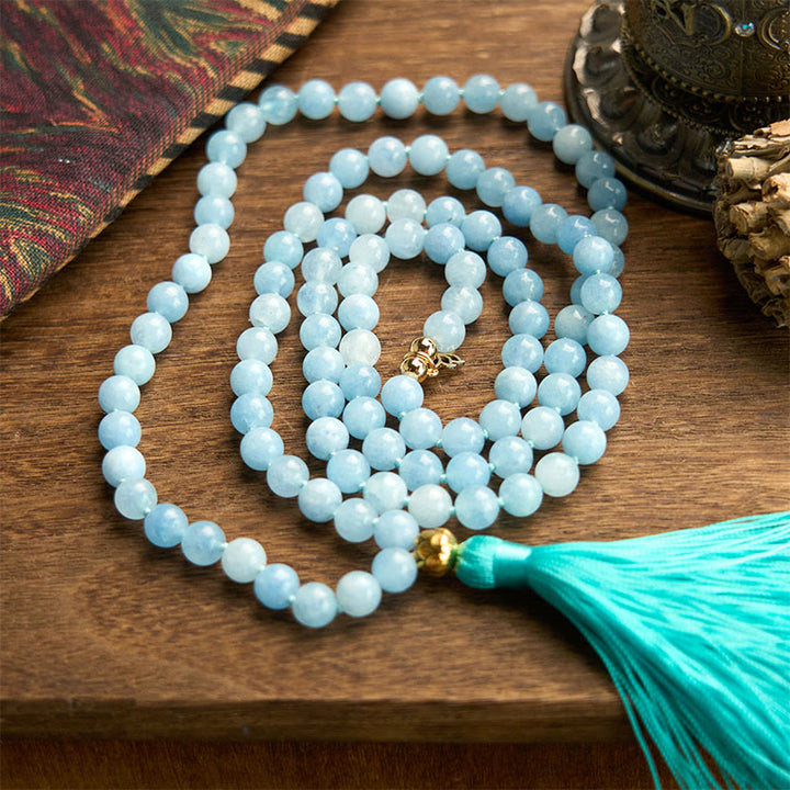 Pulsera de curación de loto con borlas de aguamarina y piedra natural de 108 cuentas de mala de Buddha Stones