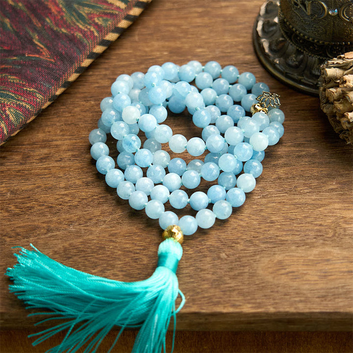 Pulsera de curación de loto con borlas de aguamarina y piedra natural de 108 cuentas de mala de Buddha Stones