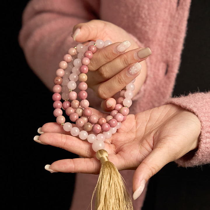Pulsera curativa con borlas de cuarzo rosa y rodonita con 108 cuentas de mala de Buddha Stones