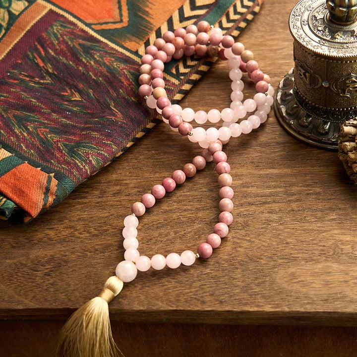 Pulsera curativa con borlas de cuarzo rosa y rodonita con 108 cuentas de mala de Buddha Stones