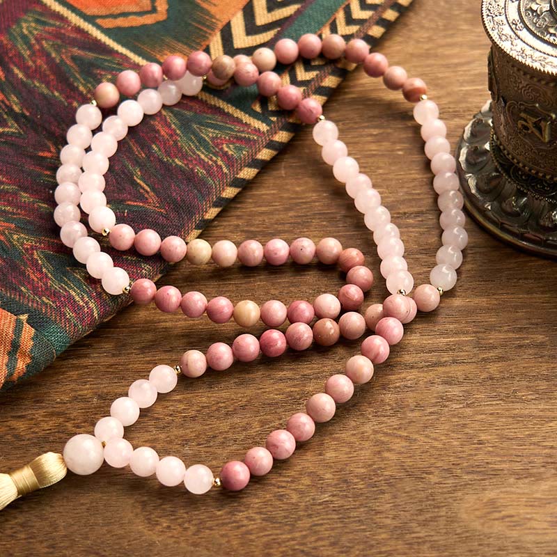 Pulsera curativa con borlas de cuarzo rosa y rodonita con 108 cuentas de mala de Buddha Stones