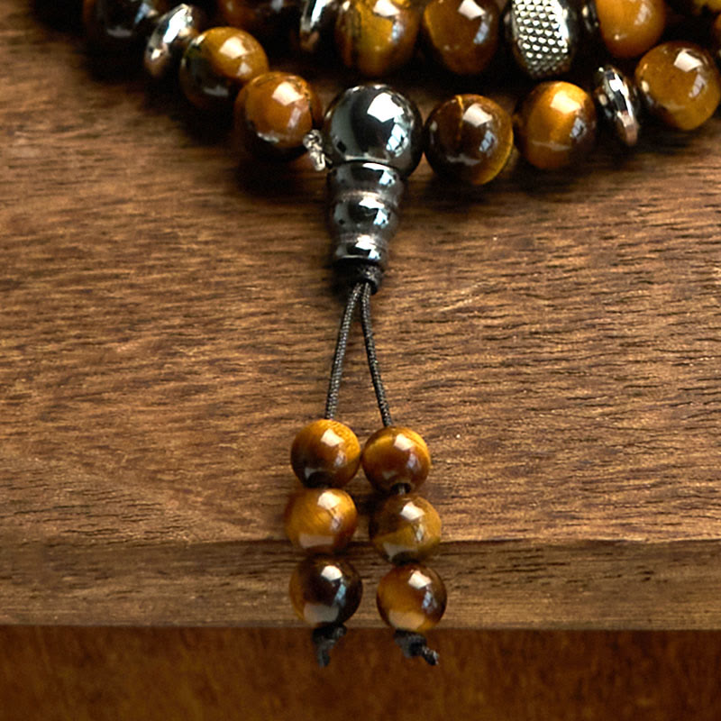 Pulsera de protección multivuelta con piedra natural ojo de tigre y 108 cuentas de mala de Buddha Stones