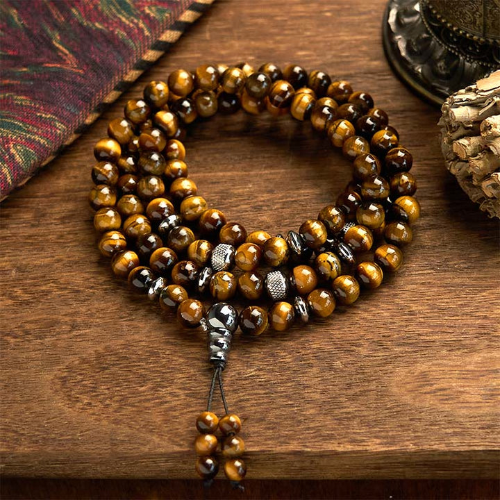 Pulsera de protección multivuelta con piedra natural ojo de tigre y 108 cuentas de mala de Buddha Stones